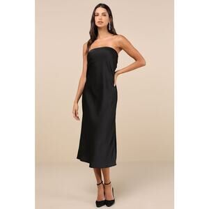 NWT Lulus Effortless Bliss Black Satin Strapless Cowl Back Midi Dress Cocktail S